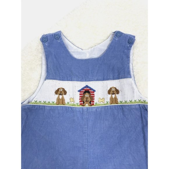 Anavini Hand Smocked Jon Jon Embroidered Tan Dogs Romper Size 2 Corduroy Longall - Picture 3 of 7